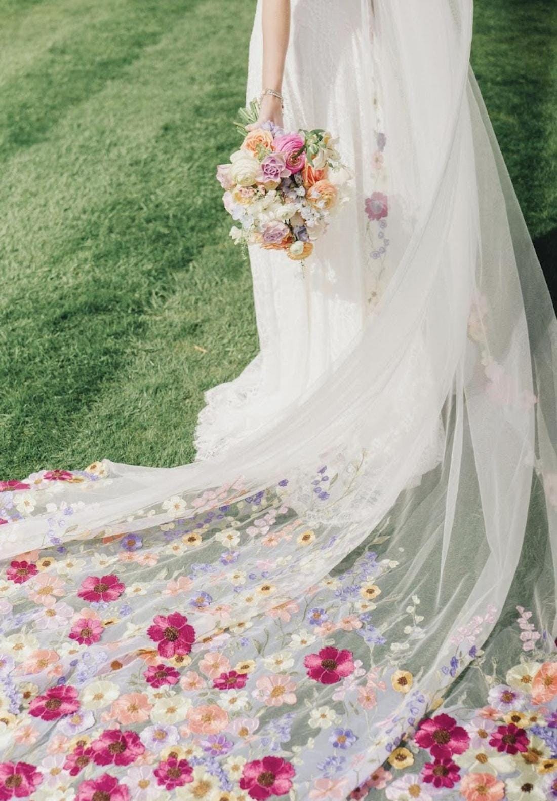 Embroidered Floral Bridal Veil, Colorful Wedding Veil