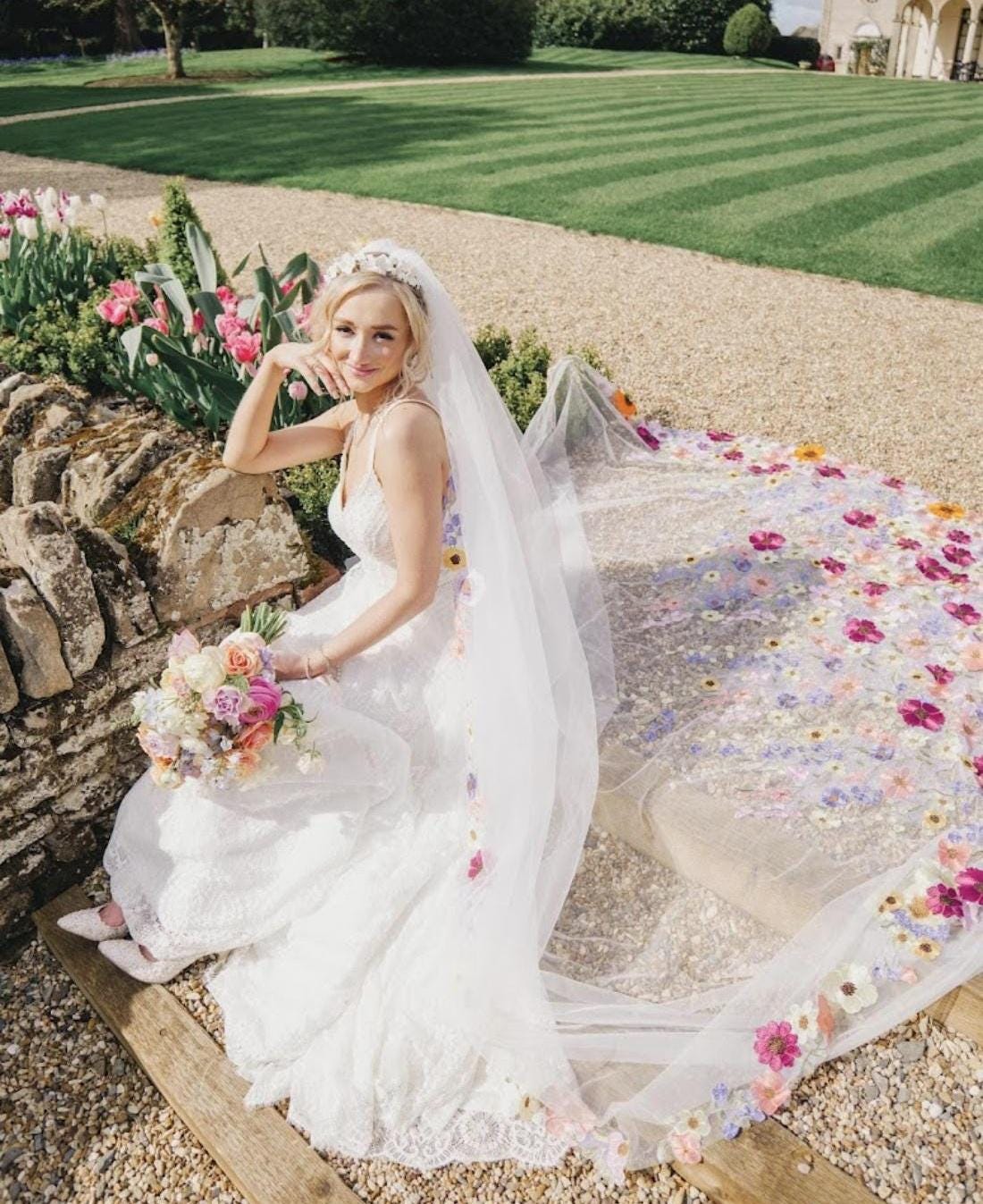 Embroidered Floral Bridal Veil, Colorful Wedding Veil