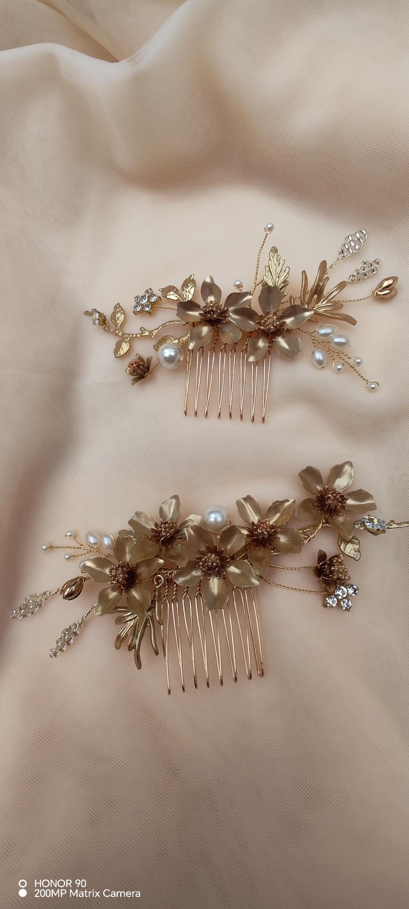 Gold Flower Bridal Hair Comb, Rhinestone Pearl Hairpiece