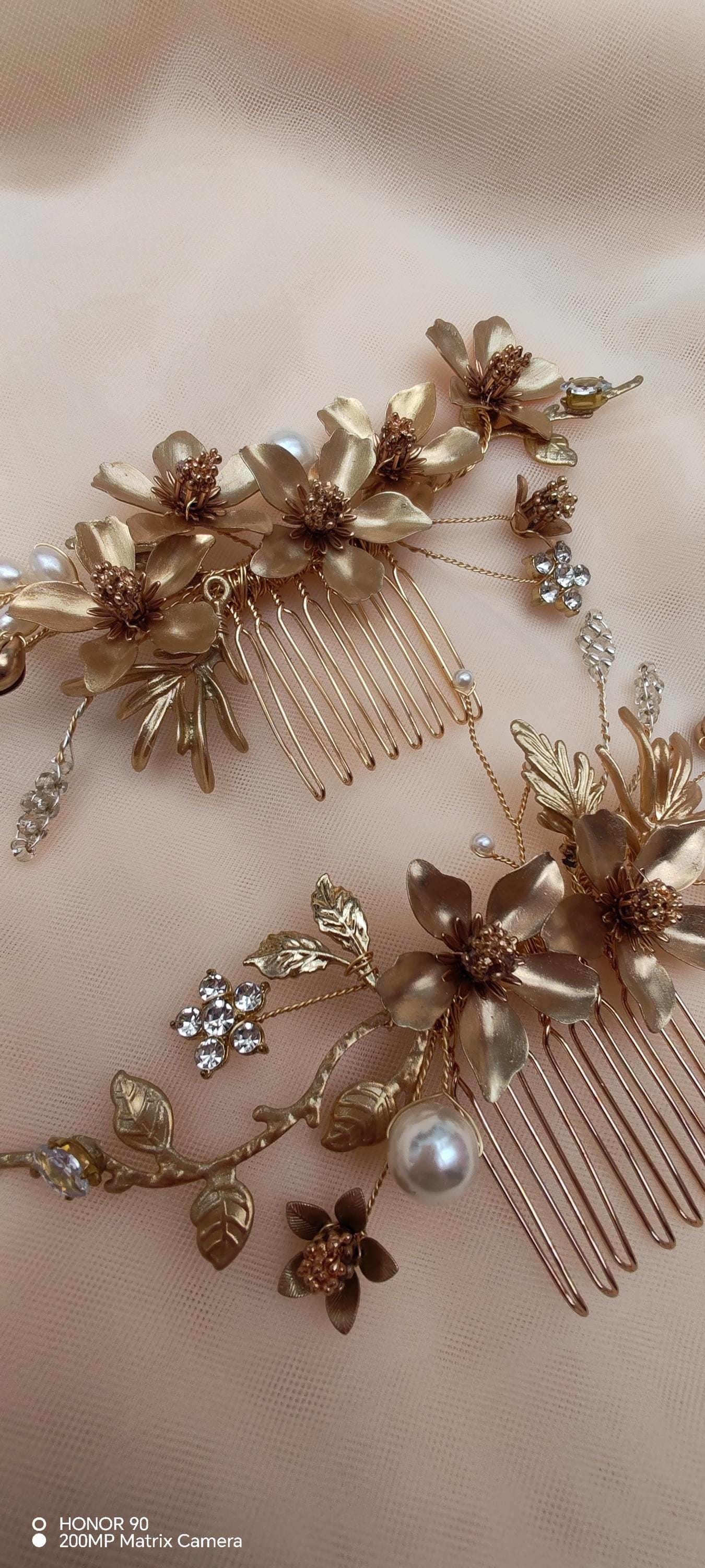 Gold Flower Bridal Hair Comb, Rhinestone Pearl Hairpiece