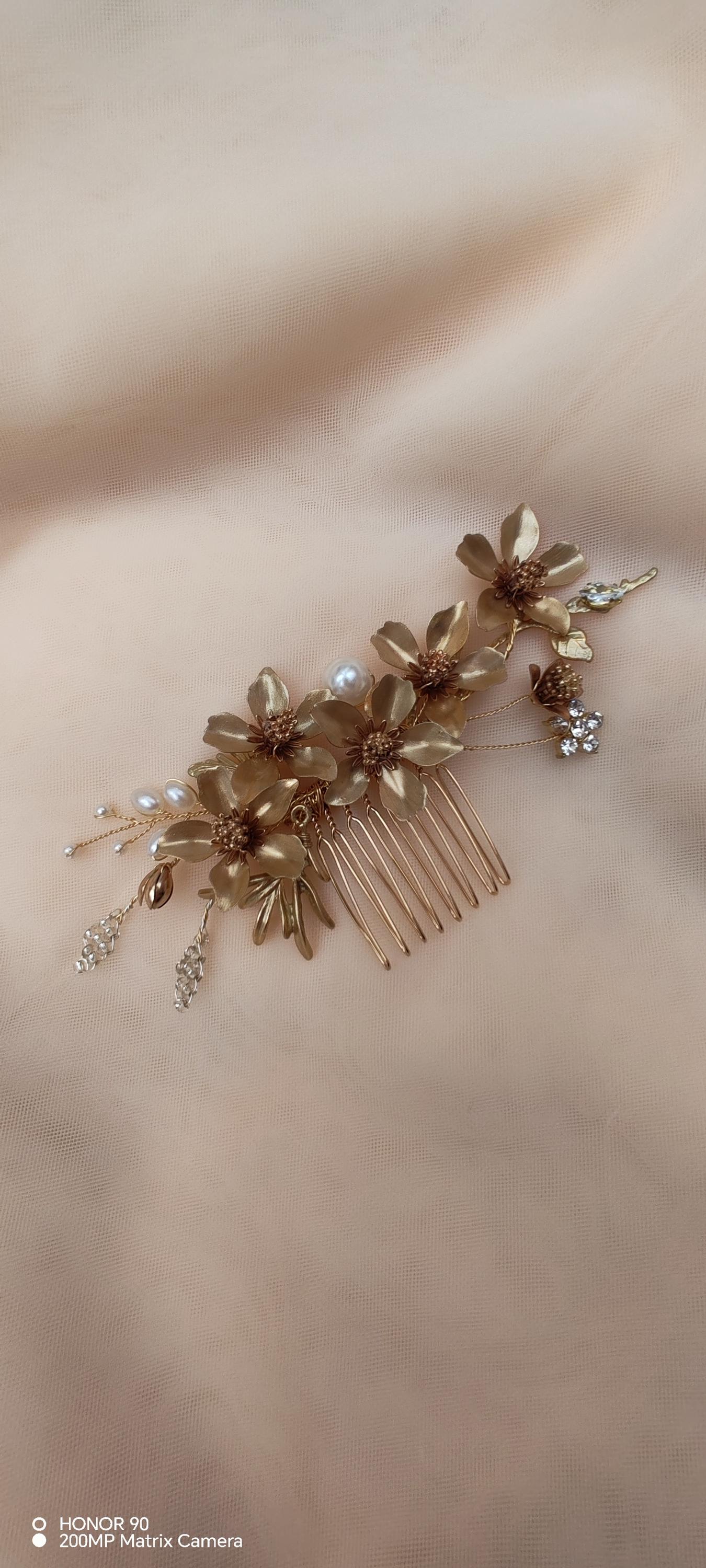 Gold Flower Bridal Hair Comb, Rhinestone Pearl Hairpiece