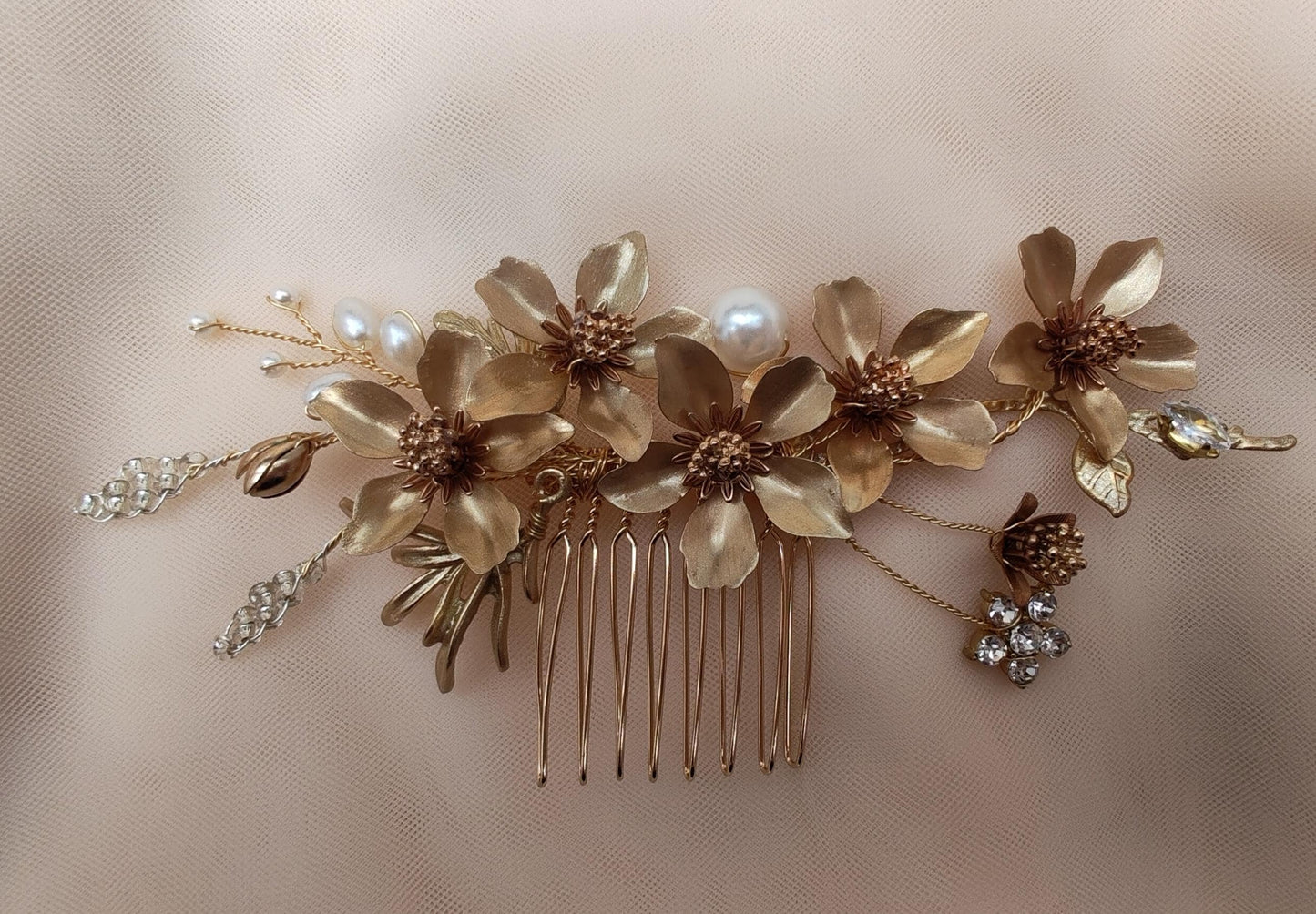 Gold Flower Bridal Hair Comb, Rhinestone Pearl Hairpiece