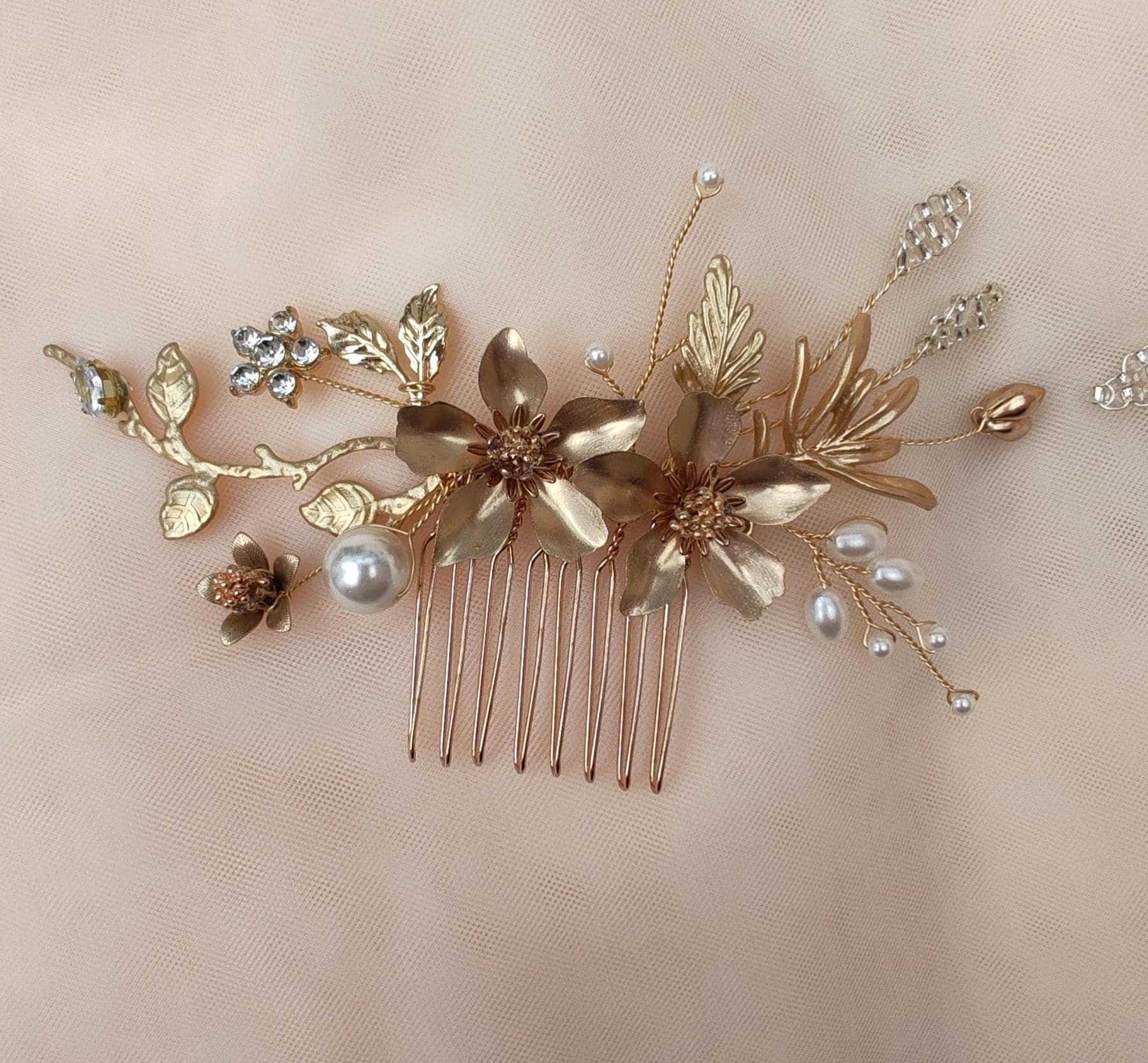 Gold Flower Bridal Hair Comb, Rhinestone Pearl Hairpiece