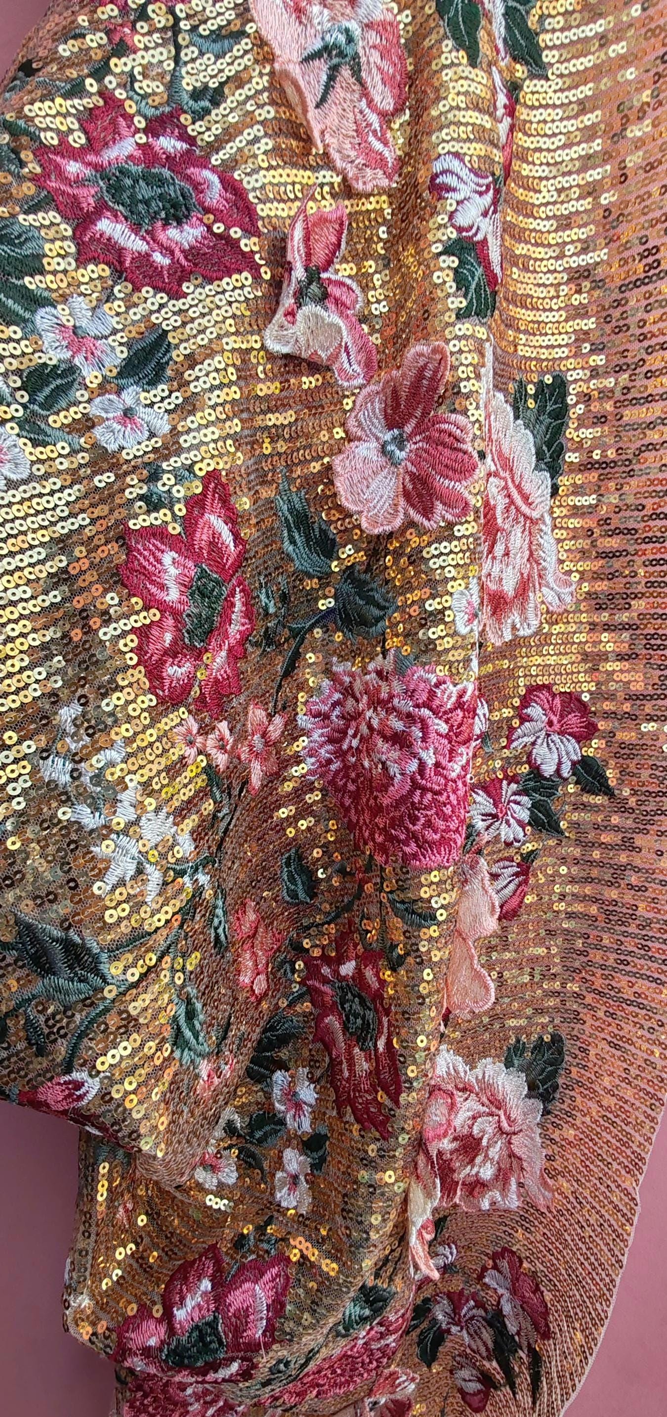 Gold sequin floral veil. Peony and rose veil. Gold bridal veil with sequins. 'Queenie' fabric sample sale.