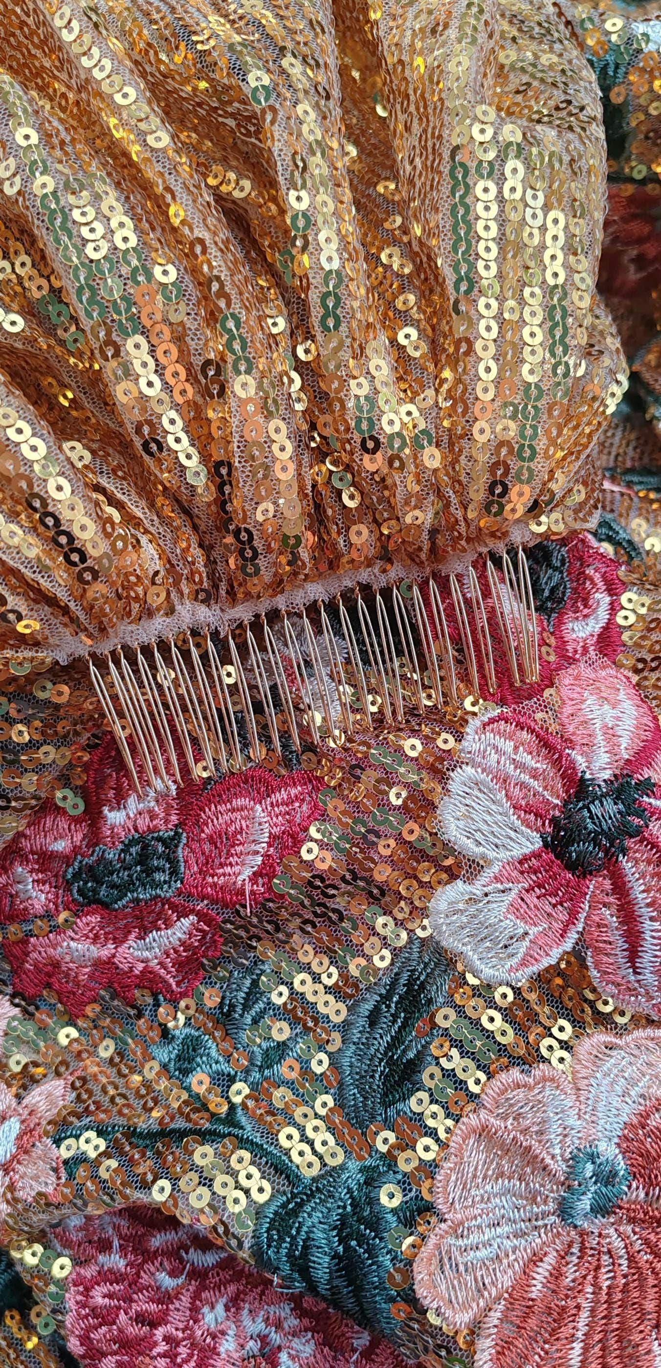 Gold sequin floral veil. Peony and rose veil. Gold bridal veil with sequins. 'Queenie' fabric sample sale.