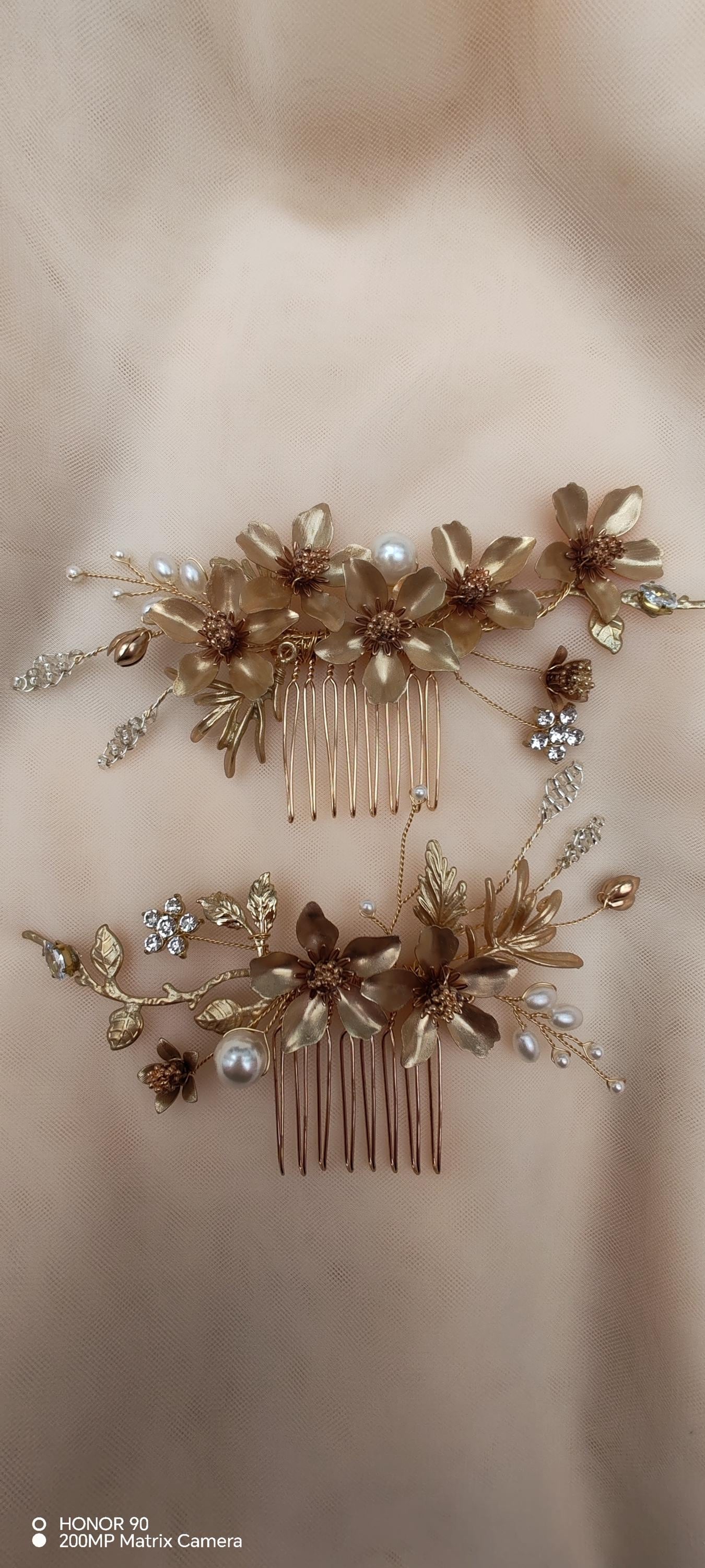 Gold Flower Bridal Hair Comb, Rhinestone Pearl Hairpiece