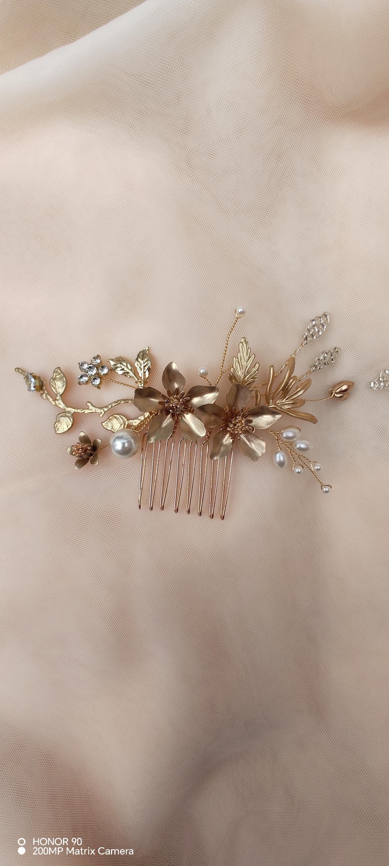 Gold Flower Bridal Hair Comb, Rhinestone Pearl Hairpiece