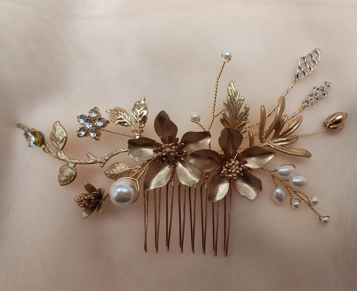 Gold Flower Bridal Hair Comb, Rhinestone Pearl Hairpiece