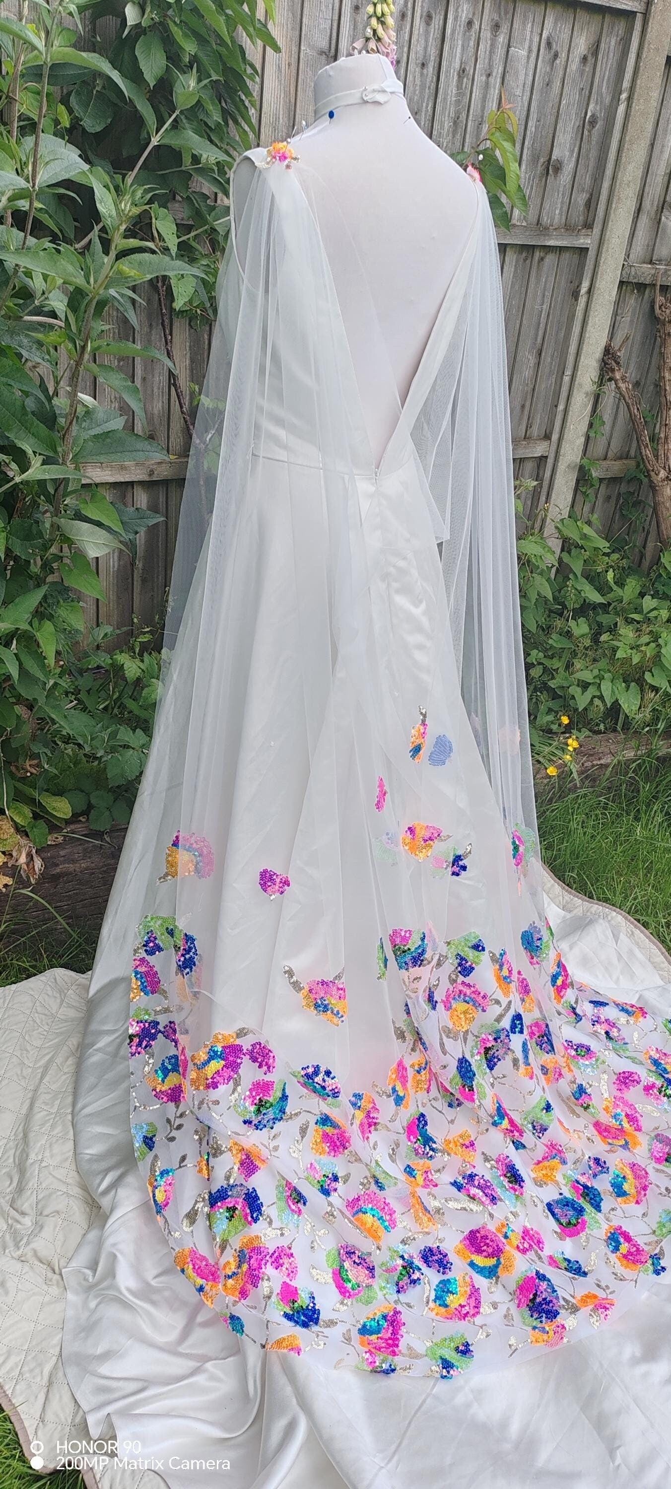 Sequined cape. Bridal sequin veil. Rainbow sequin bridal cape. Rainbow wedding veil, 'Xanthe'.