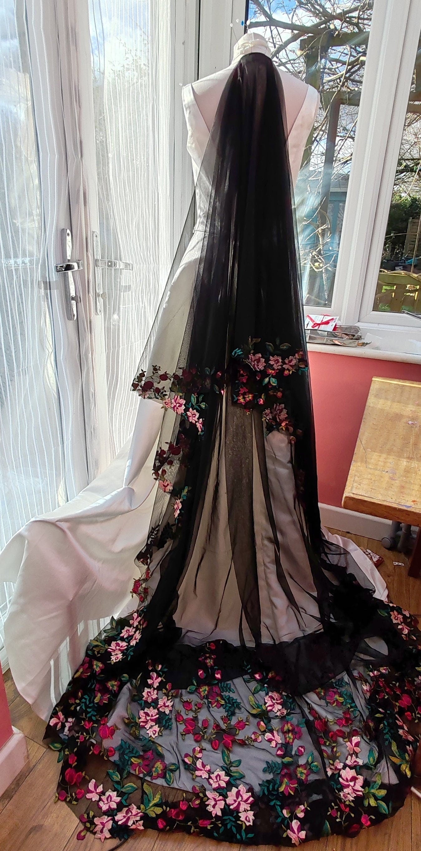 Black Floral Bridal Drop Veil - Burgundy & Red Roses