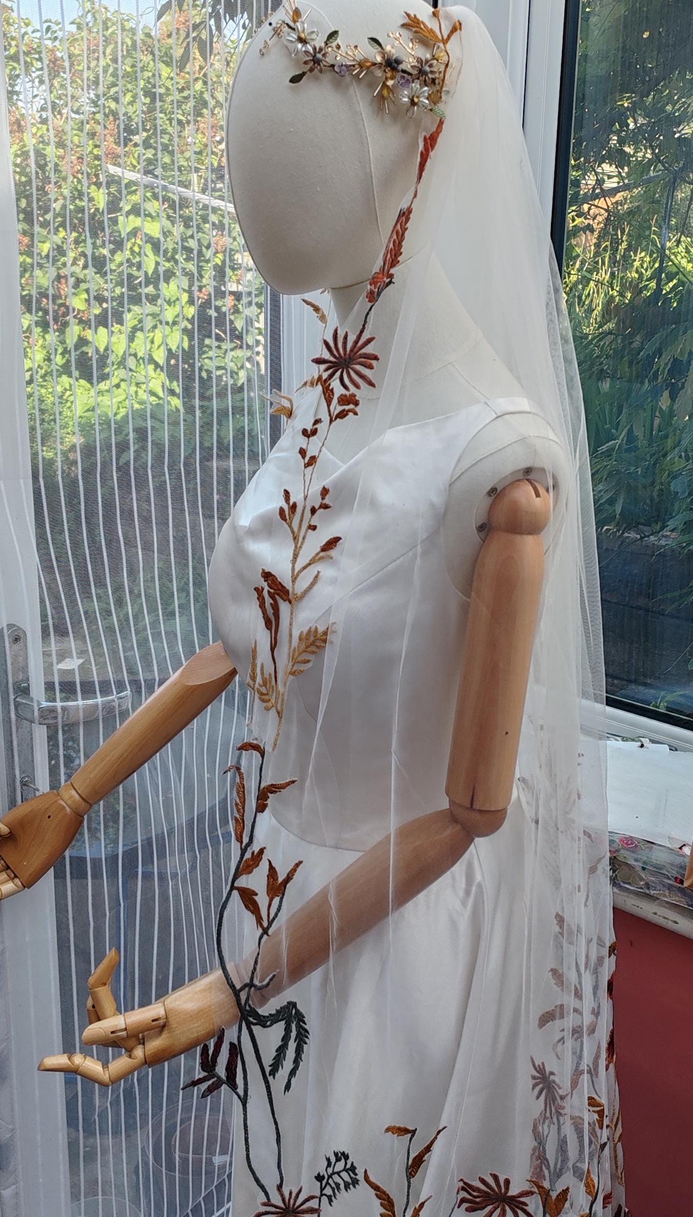 Embroidered Floral Wedding Veil, Autumn Wildflower Bridal Veil