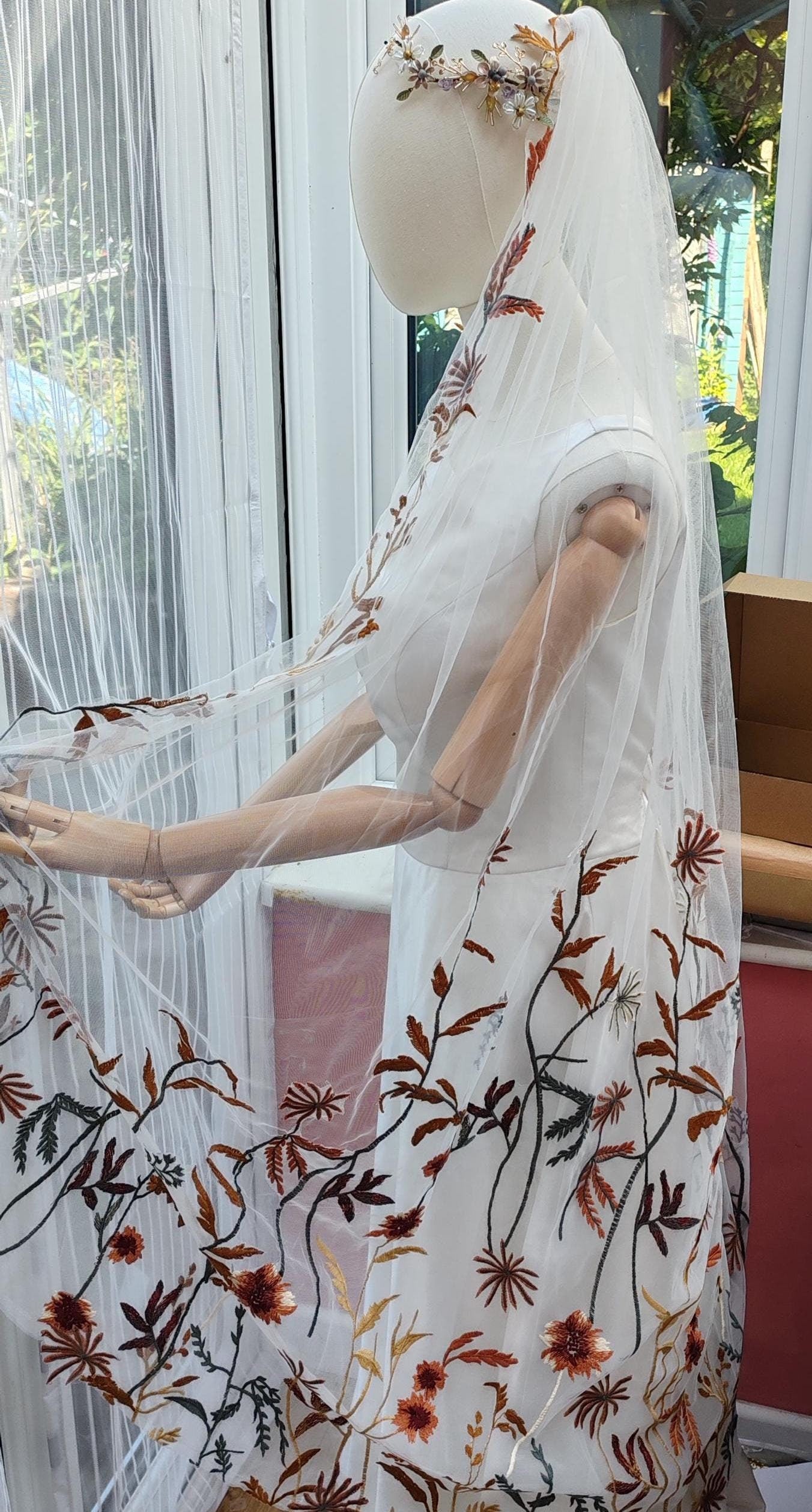 Embroidered Floral Wedding Veil, Autumn Wildflower Bridal Veil