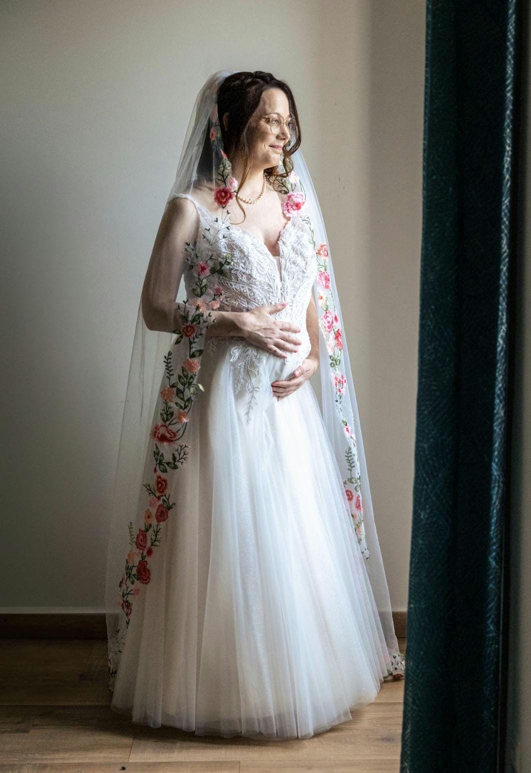 Pink Rose Embroidered Wedding Veil, Trimmed Edge Bridal Veil