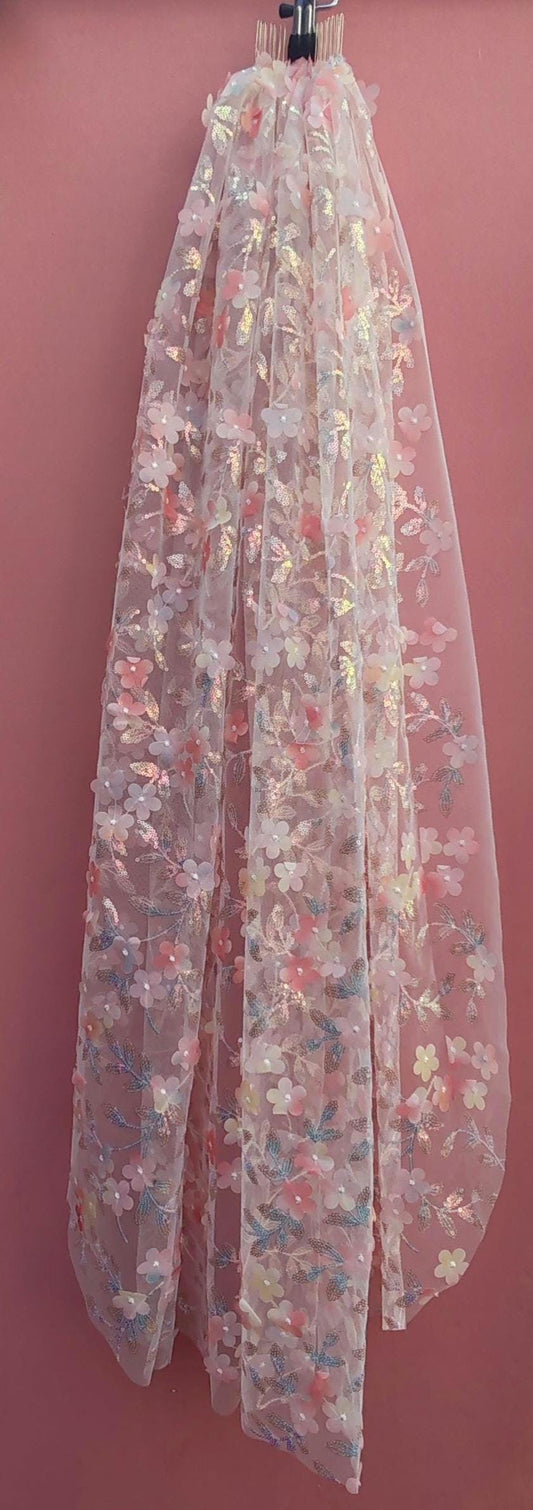 Sakura Wedding Veil, 3D Blossom Floral, Pink Bridal Veil