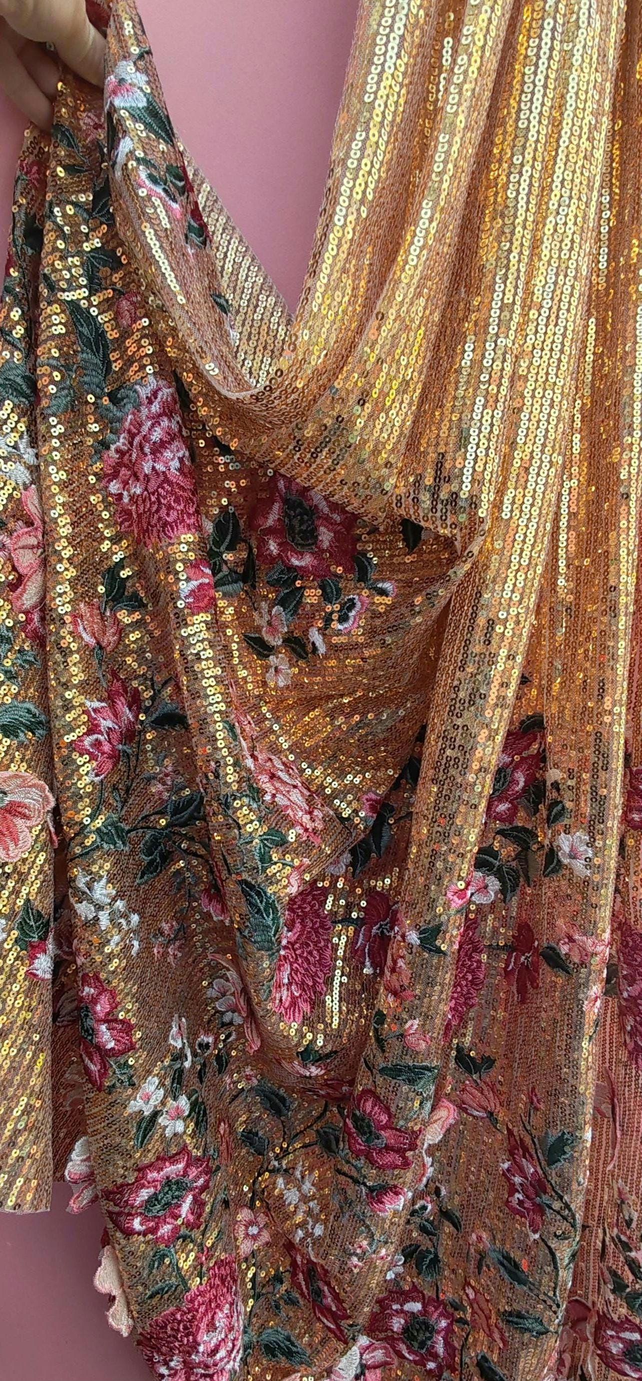 Gold sequin floral veil. Peony and rose veil. Gold bridal veil with sequins. 'Queenie' fabric sample sale.
