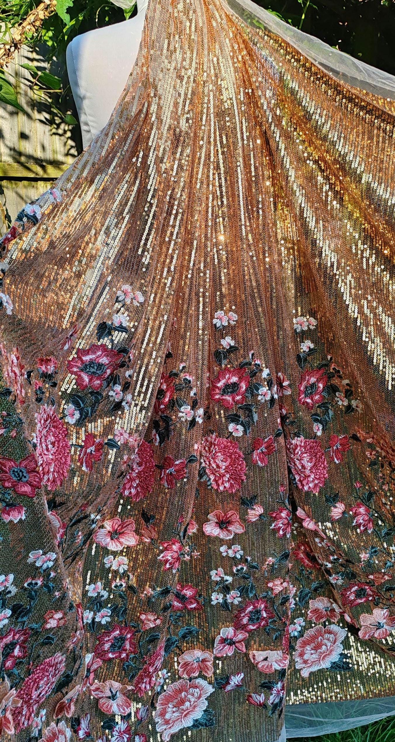 Gold sequin floral veil. Peony and rose veil. Gold bridal veil with sequins. 'Queenie' fabric sample sale.