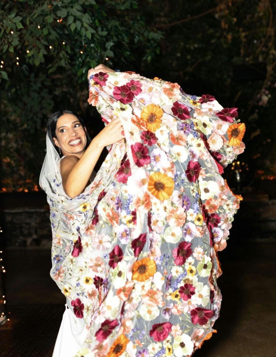 Embroidered Floral Wedding Veil, Colorful Bridal Cape