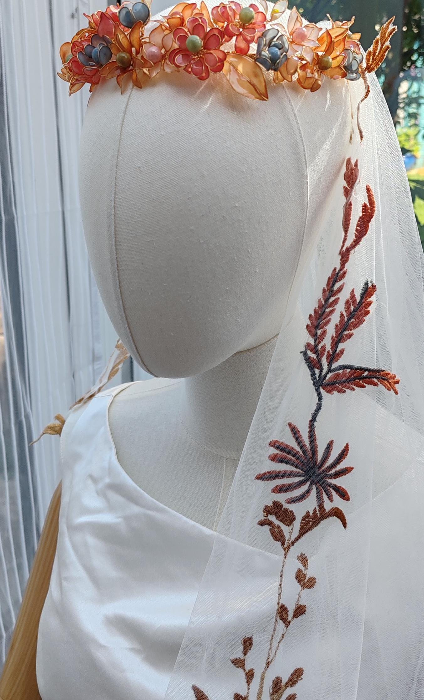 Embroidered Floral Wedding Veil, Autumn Wildflower Bridal Veil