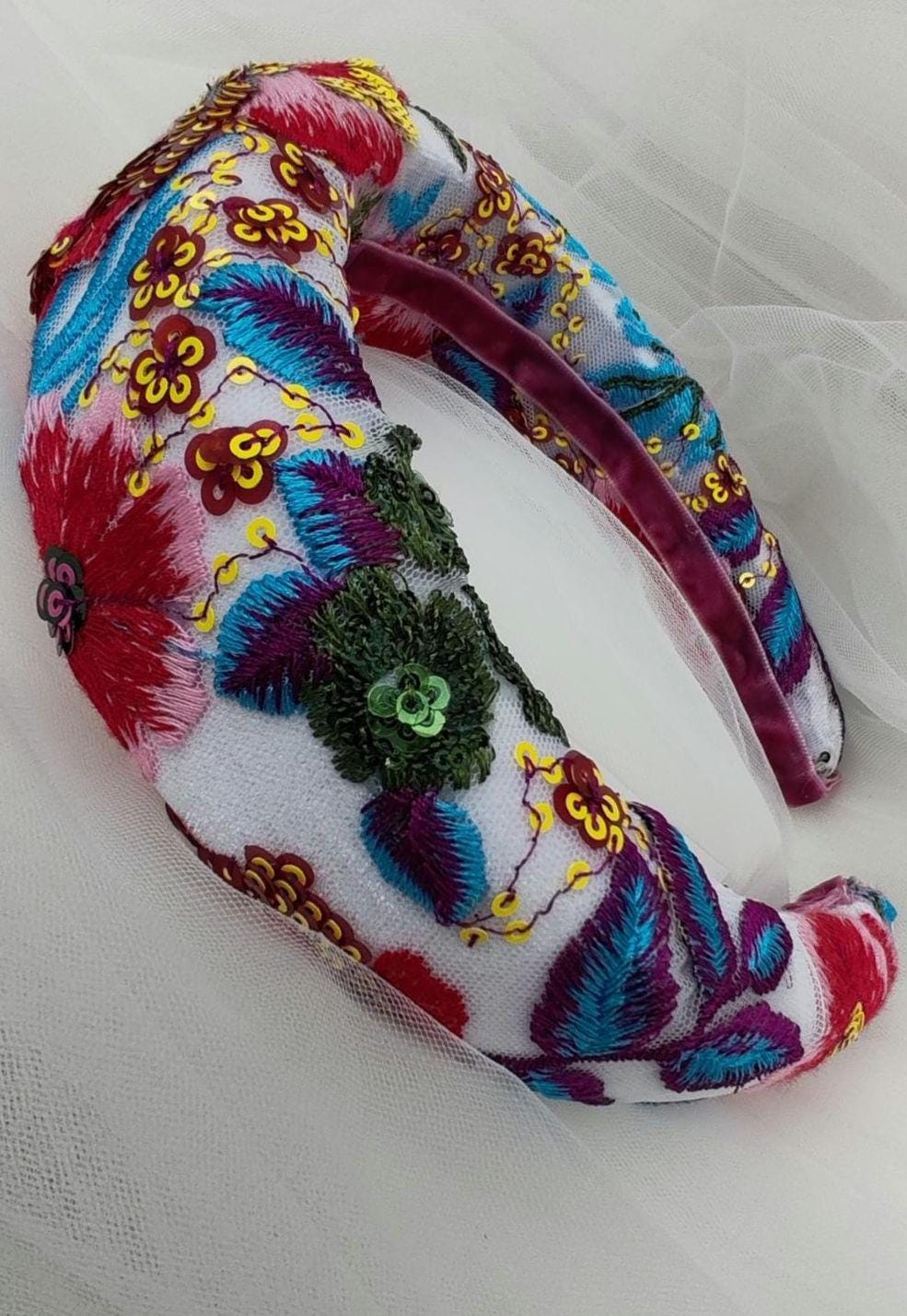 Floral embroidered headband / padded headband / Embroidered alice band / Bridal headband / Festival headband / Colourful sequin headband