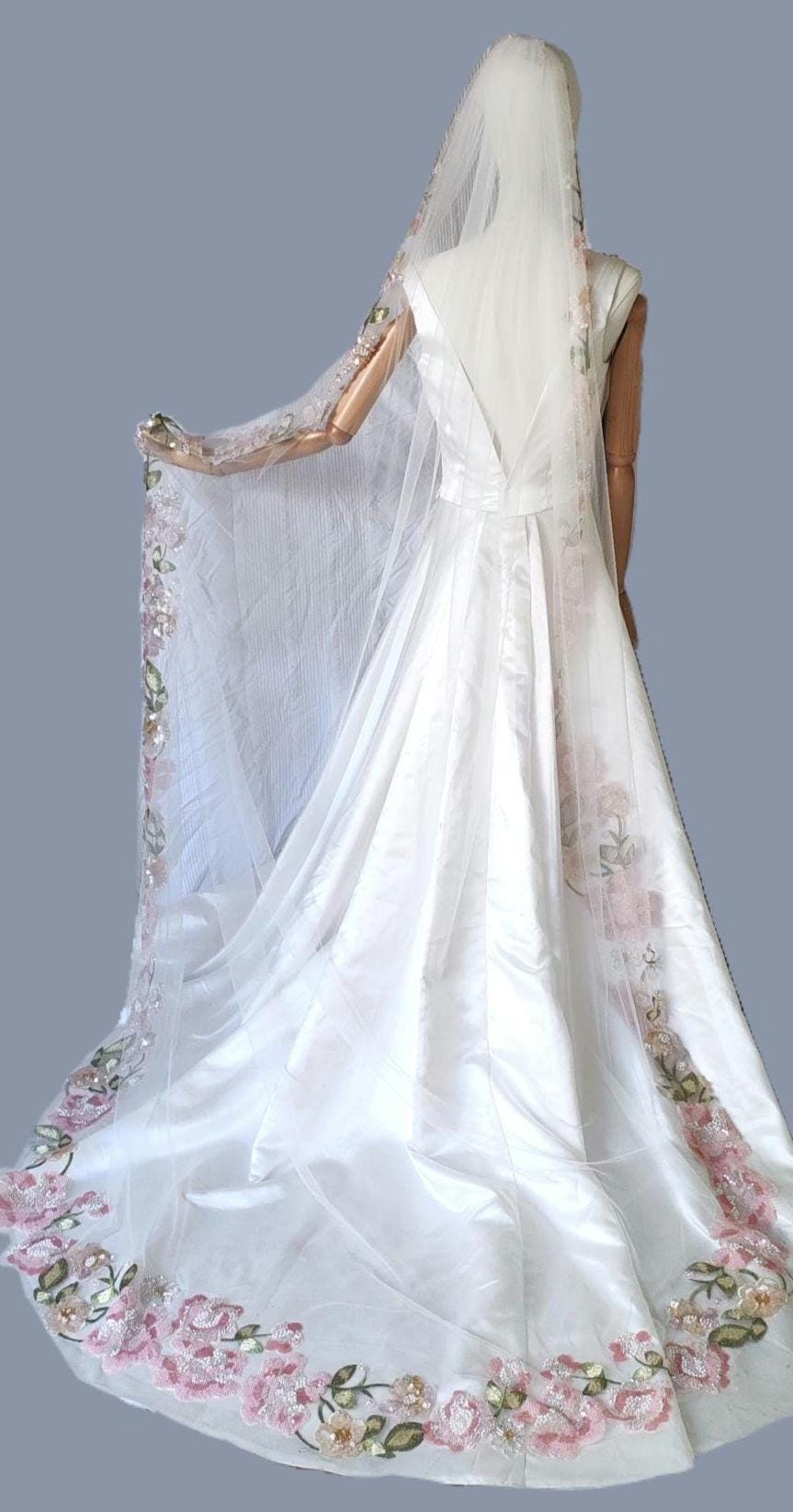 Pink Floral Wedding Veil, Embroidered Flower Bridal Veil
