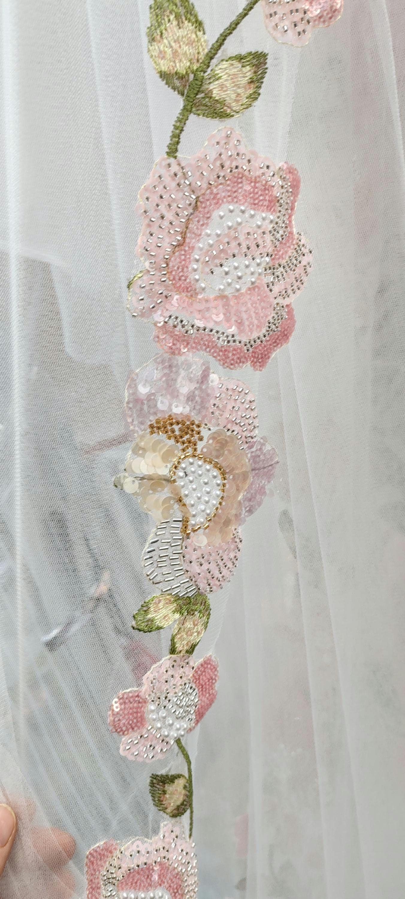 Pink Floral Wedding Veil, Embroidered Flower Bridal Veil