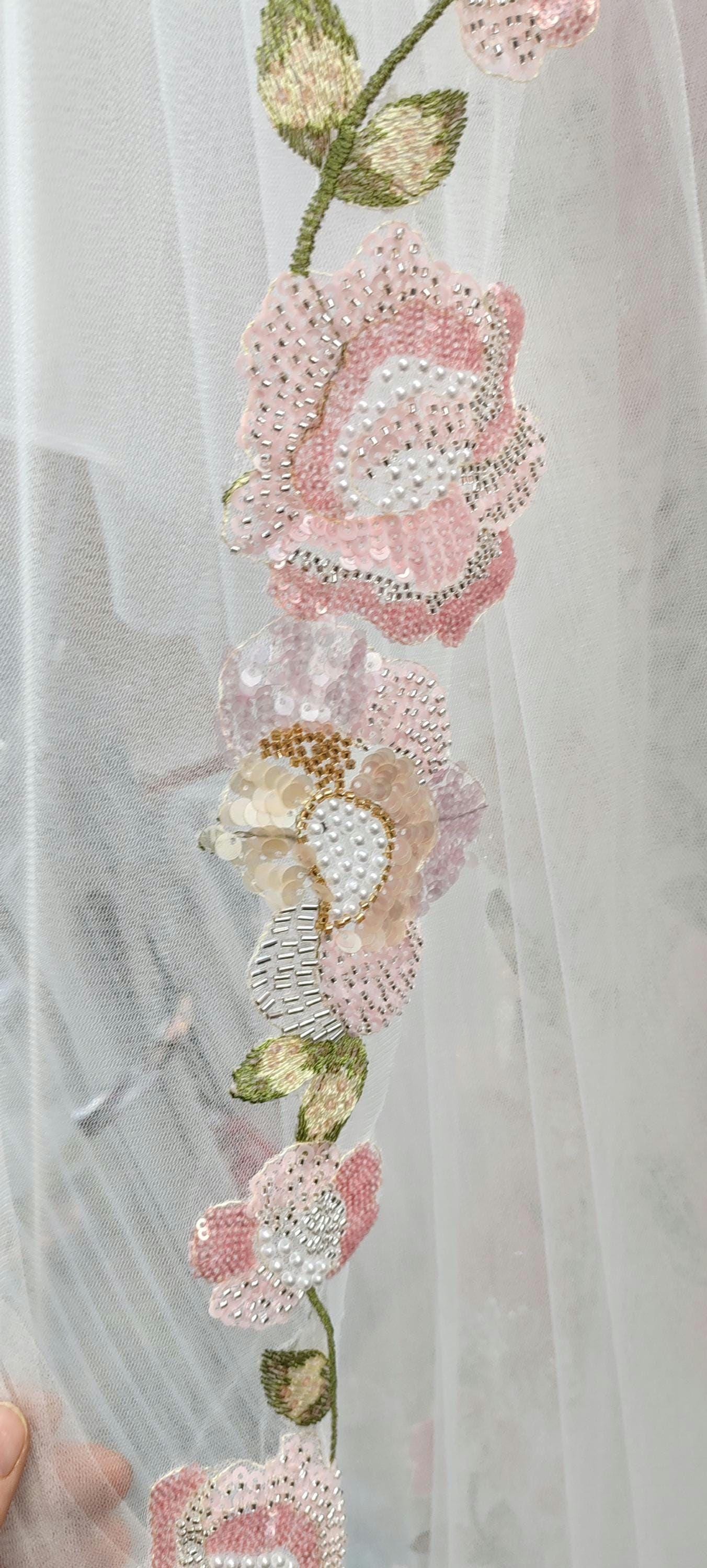 Pink Floral Wedding Veil, Embroidered Flower Bridal Veil __etsy:6394694598