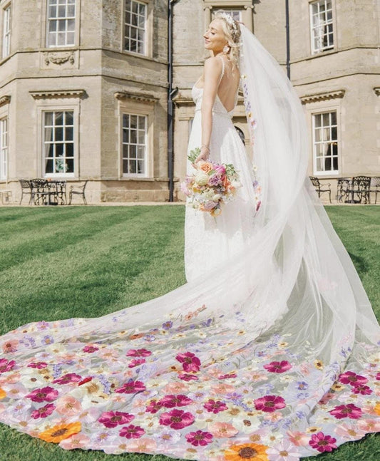 Embroidered Floral Bridal Veil, Colorful Wedding Veil