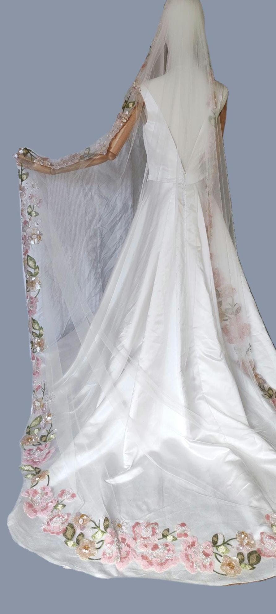 Pink Floral Wedding Veil, Embroidered Flower Bridal Veil