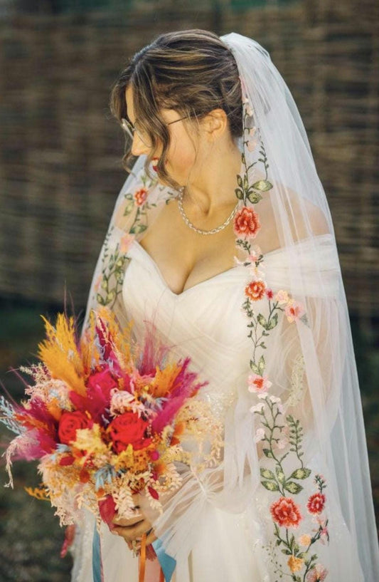Pink Rose Embroidered Wedding Veil, Trimmed Edge Bridal Veil