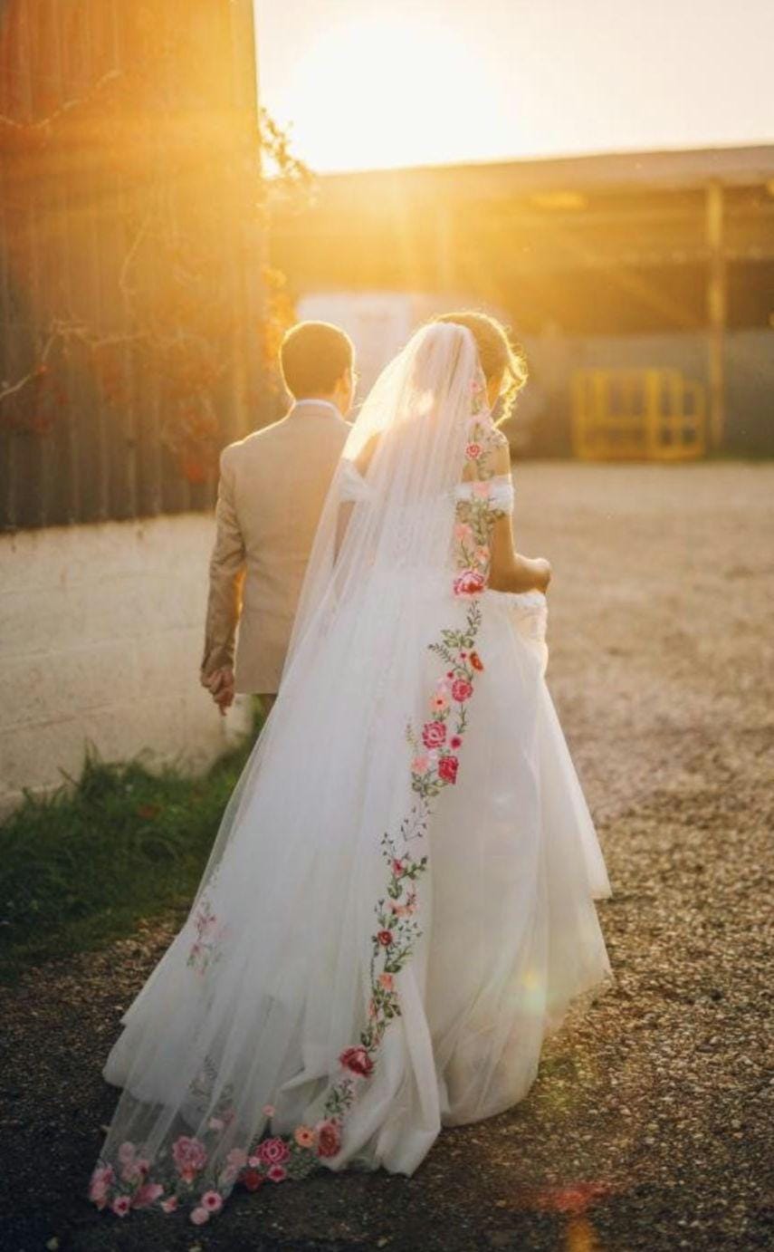 Pink Rose Embroidered Wedding Veil, Trimmed Edge Bridal Veil
