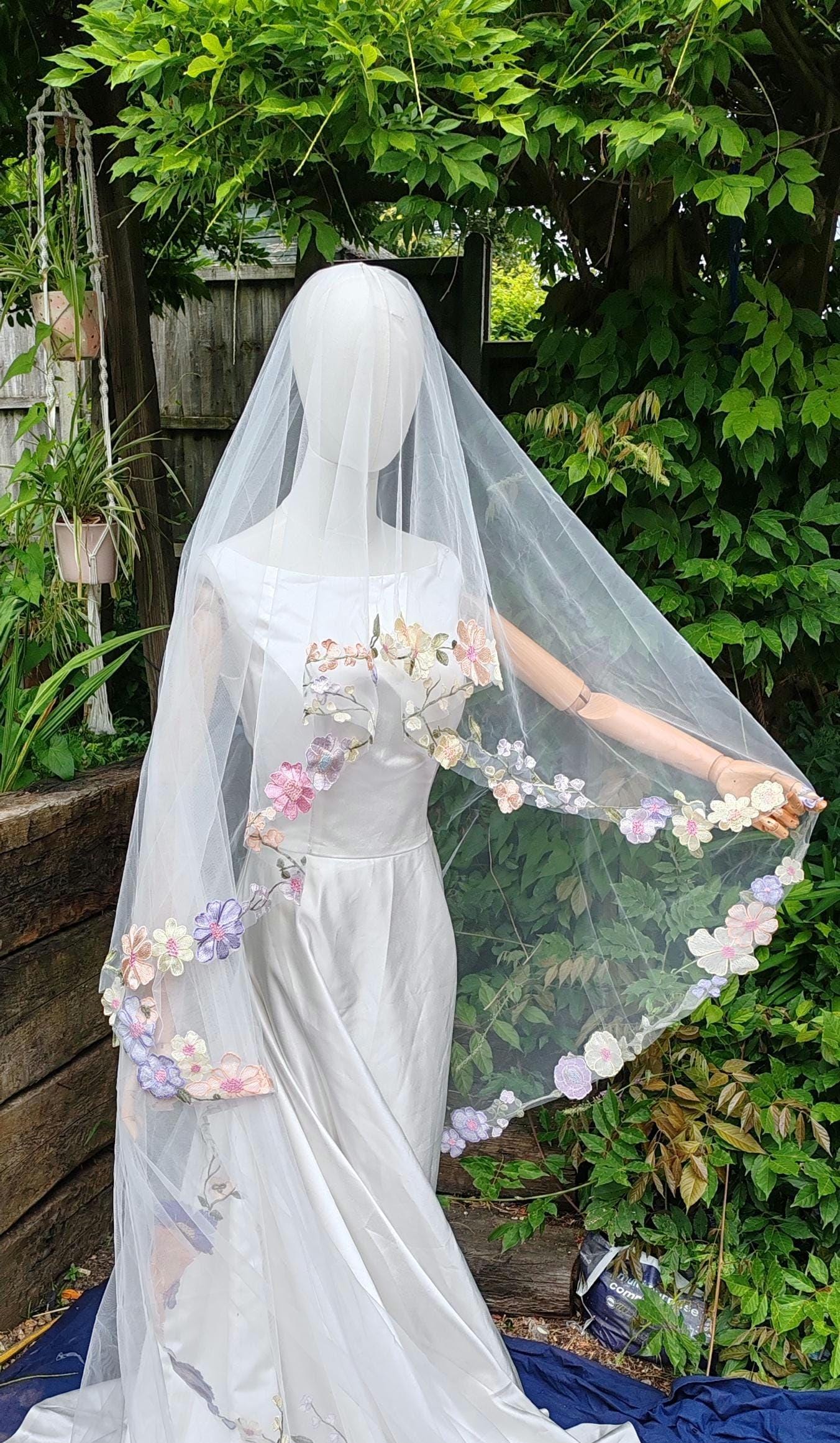 Embroidered Floral Trim Wedding Veil: Colorful Bridal Tulle