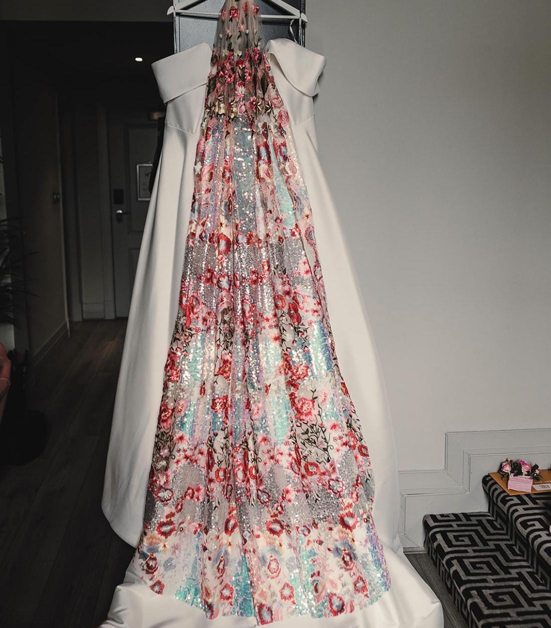 Pink floral sequin veil. Colourful alternative bridal veil. Valentina.