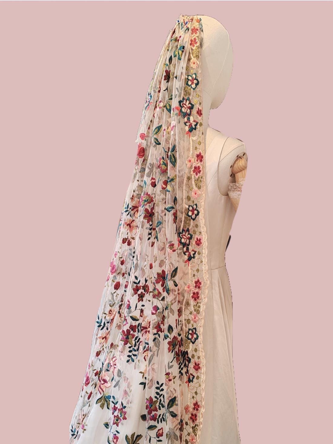Embroidered Floral Wedding Veil, Peach Tulle 'English Garden' Bridal Cape