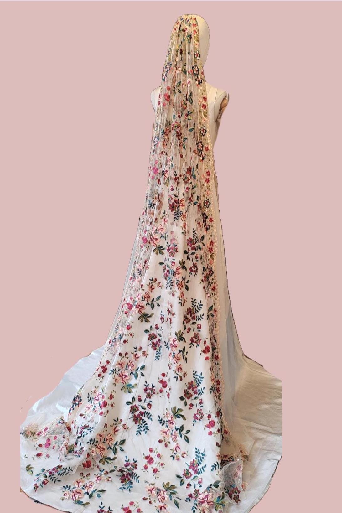Embroidered Floral Wedding Veil, Peach Tulle 'English Garden' Bridal Cape
