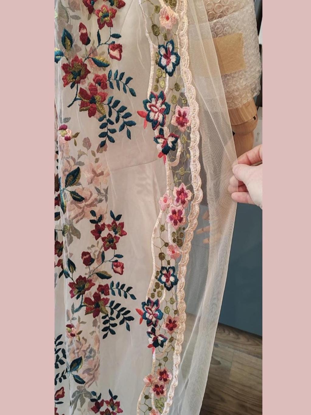Embroidered Floral Wedding Veil, Peach Tulle 'English Garden' Bridal Cape
