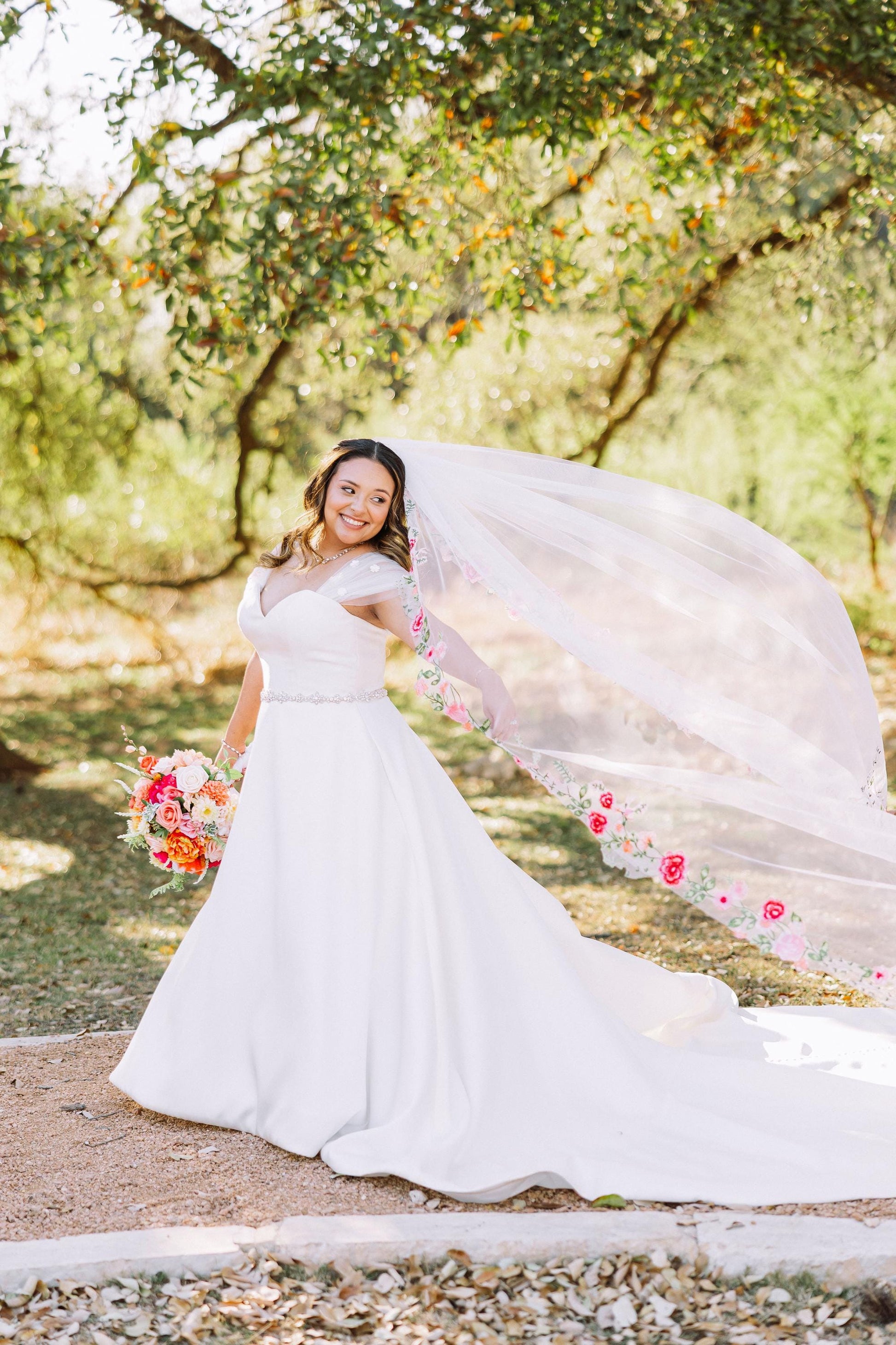 Embroidered Pink Rose Wedding Veil, Floral Bridal Cape