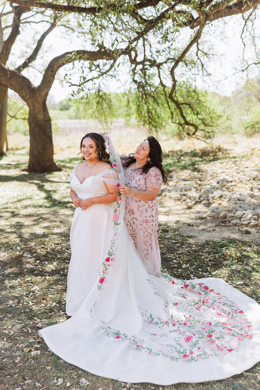Embroidered Pink Rose Wedding Veil, Floral Bridal Cape