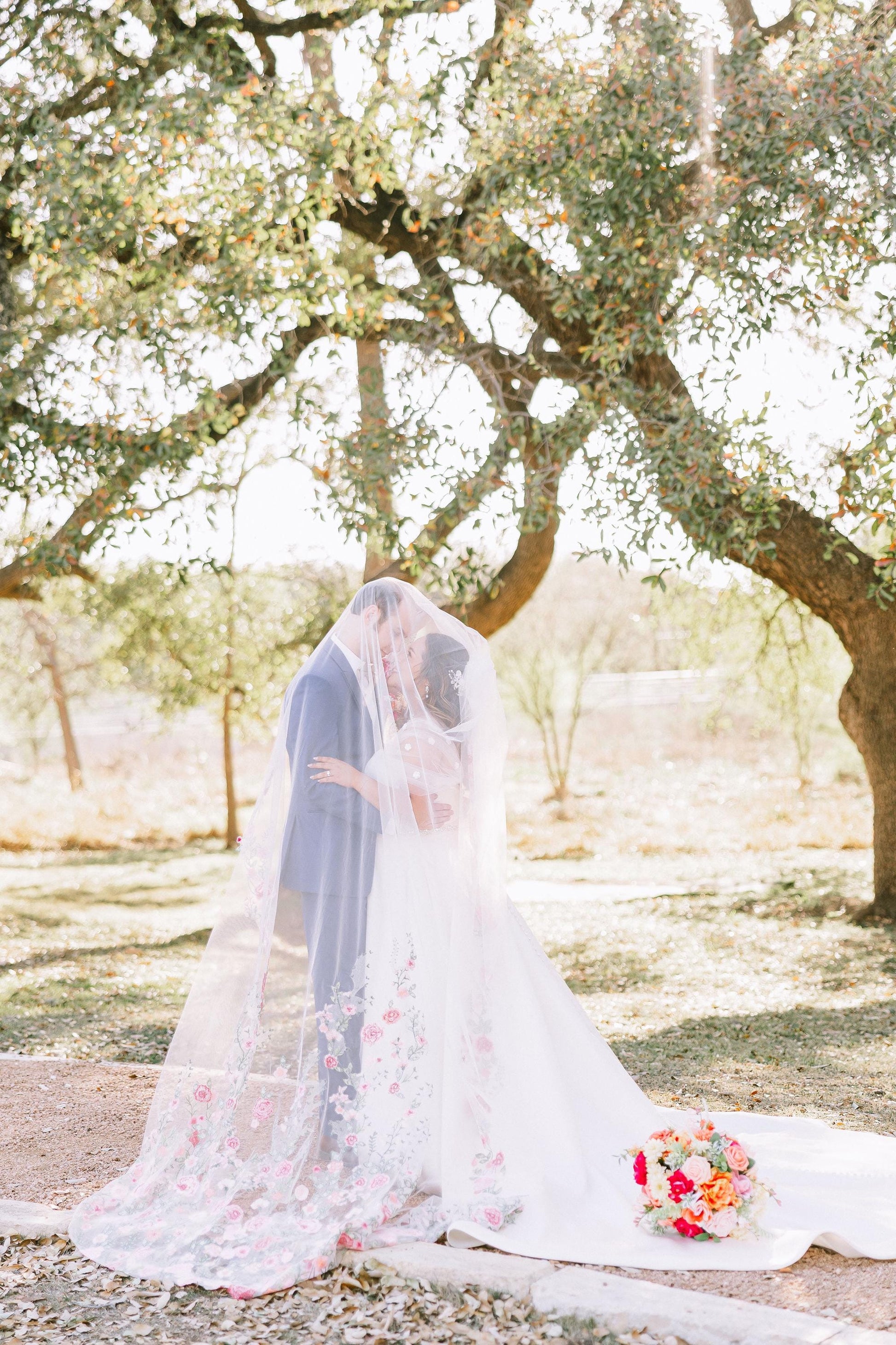 Embroidered Pink Rose Wedding Veil, Floral Bridal Cape