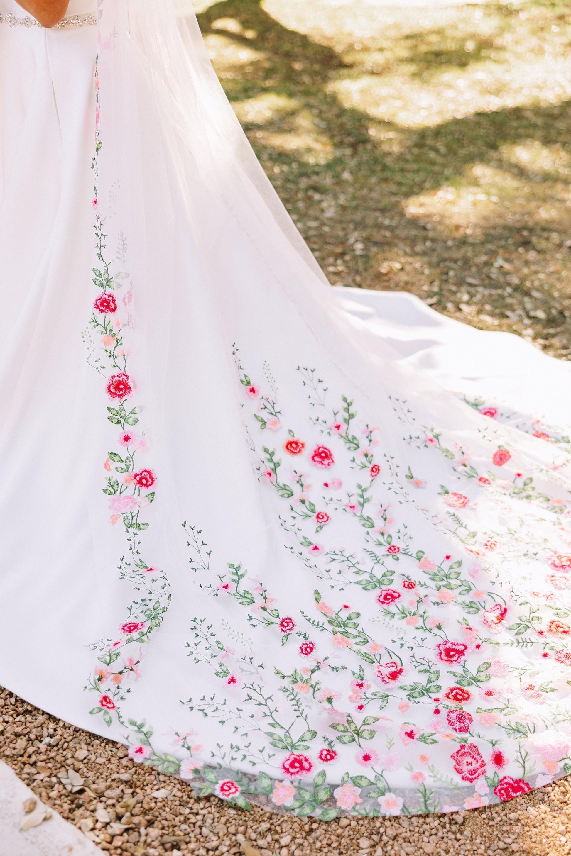 Embroidered Pink Rose Wedding Veil, Floral Bridal Cape