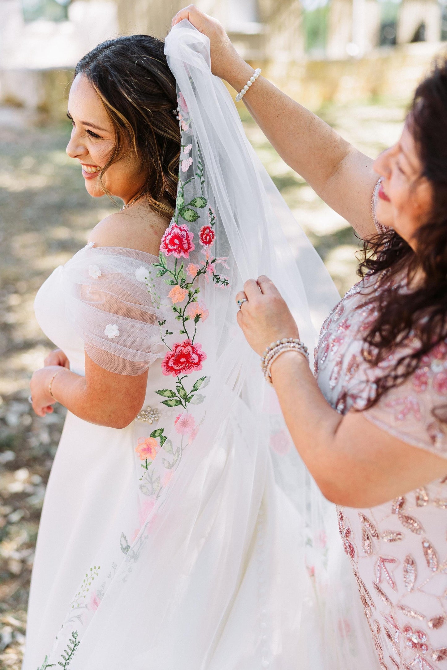 Embroidered Pink Rose Wedding Veil, Floral Bridal Cape