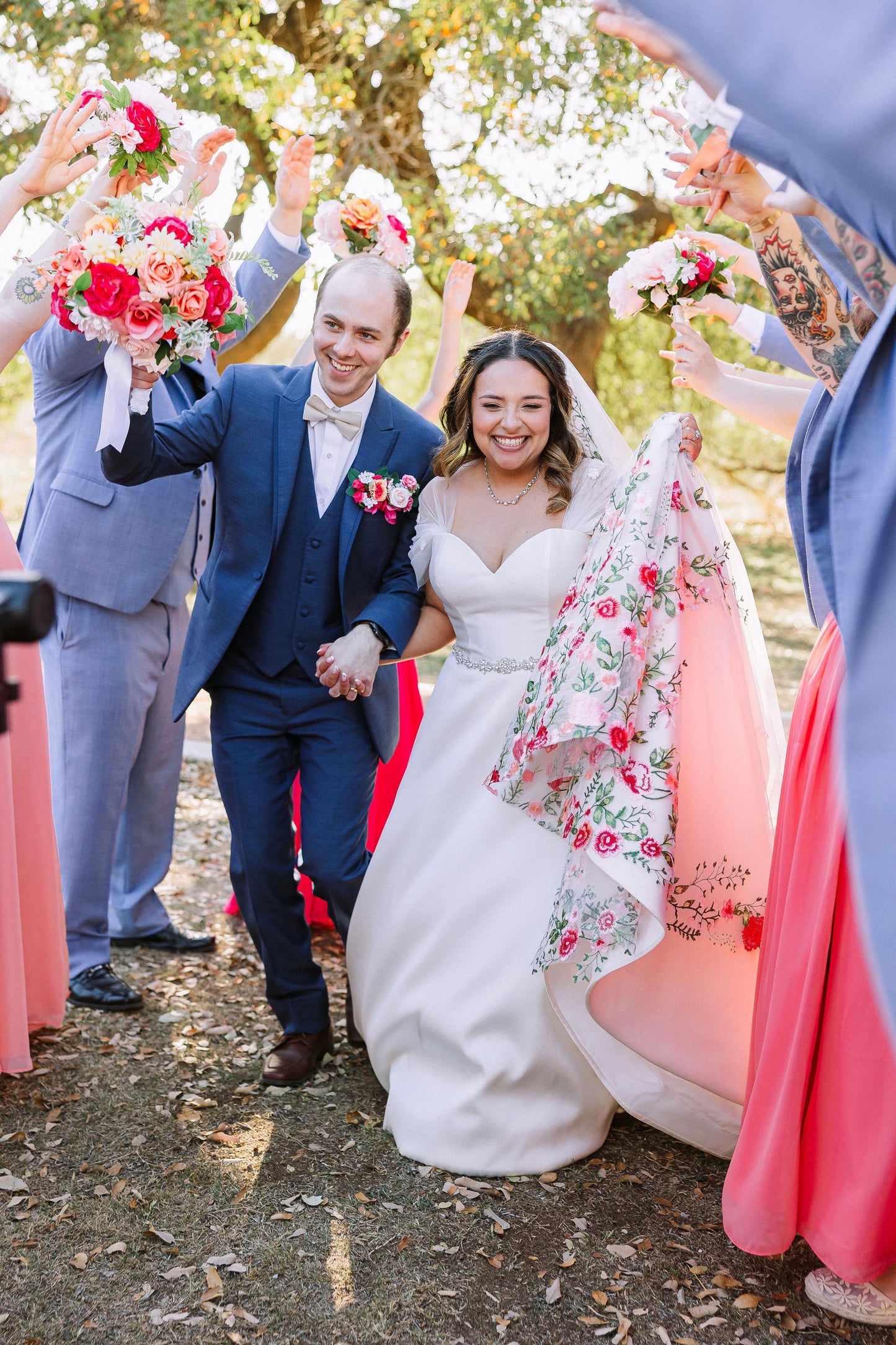 Embroidered Pink Rose Wedding Veil, Floral Bridal Cape