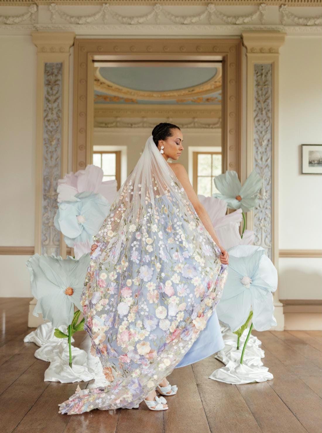Embroidered Floral Wedding Veil, Colorful Bridal Cape