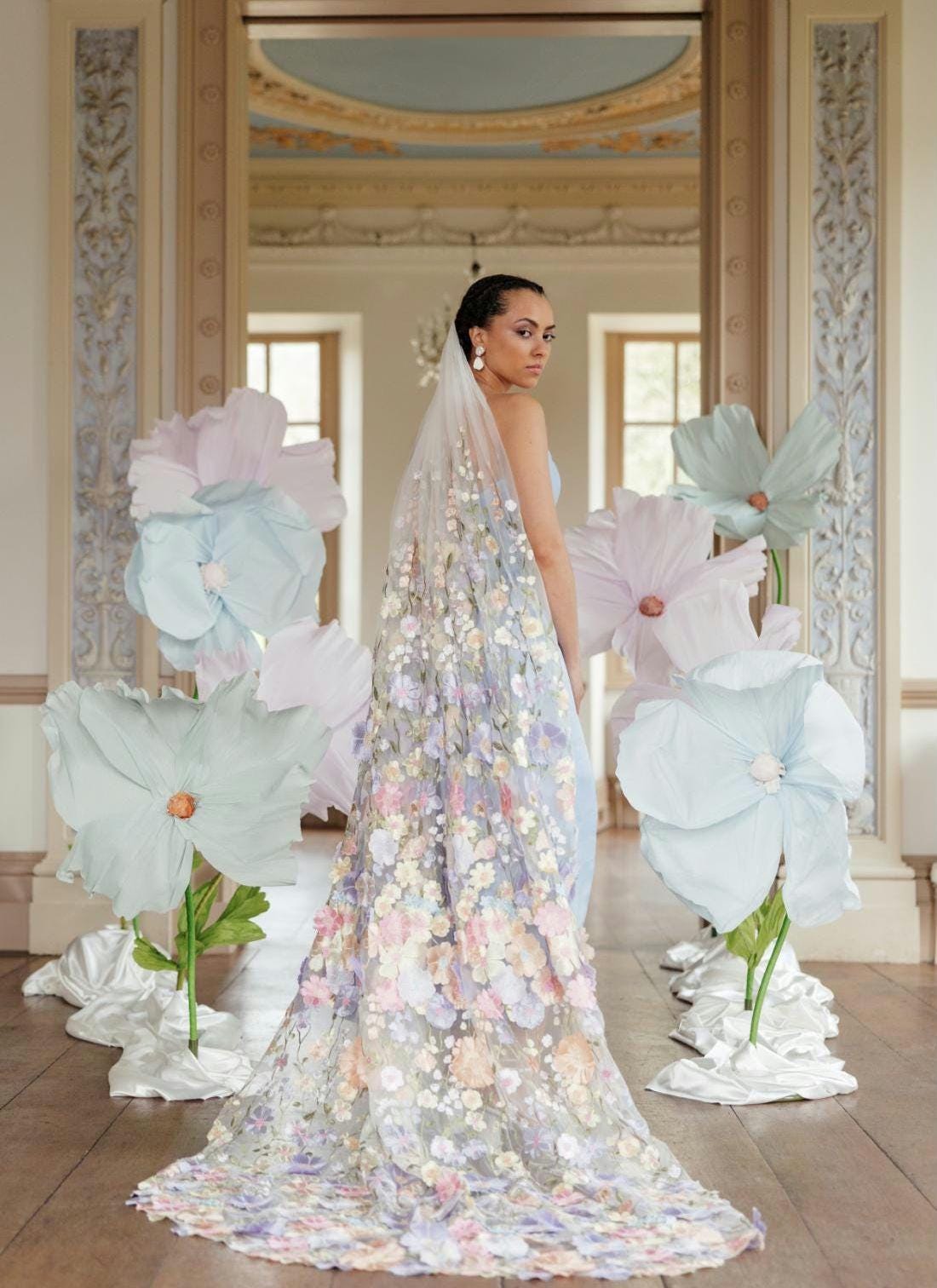 Embroidered Floral Wedding Veil, Colorful Bridal Cape