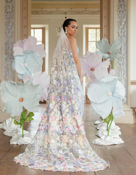 Embroidered Floral Wedding Veil or Cape, Pastel Flora