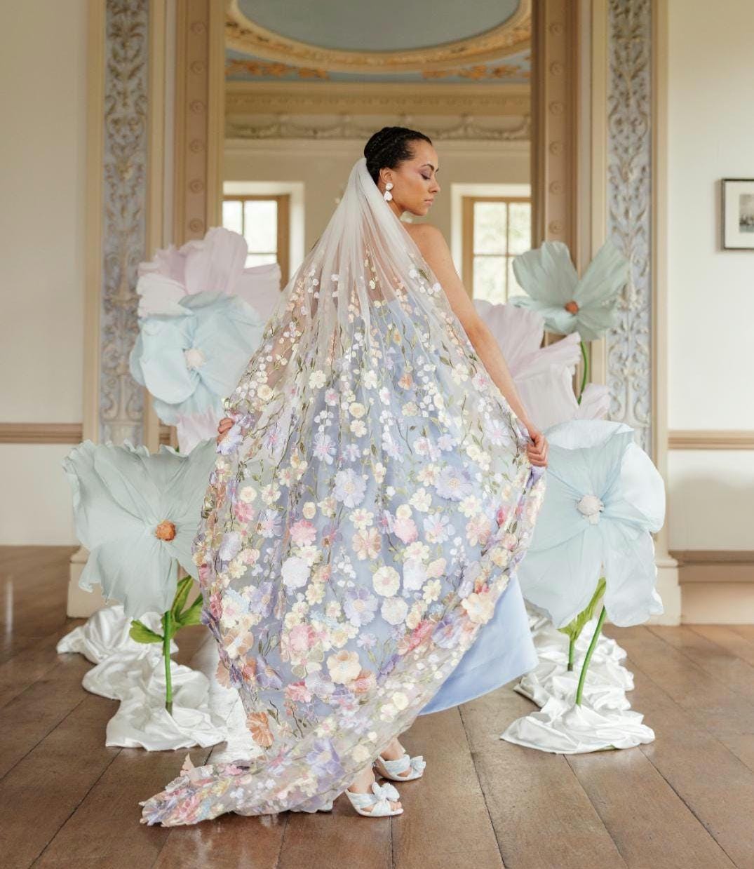 Embroidered Floral Wedding Veil or Cape, Pastel Flora