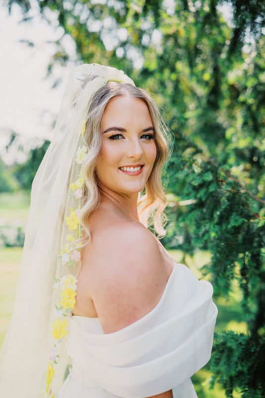 Embroidered Floral Wedding Veil: Yellow Flowers and Pearls