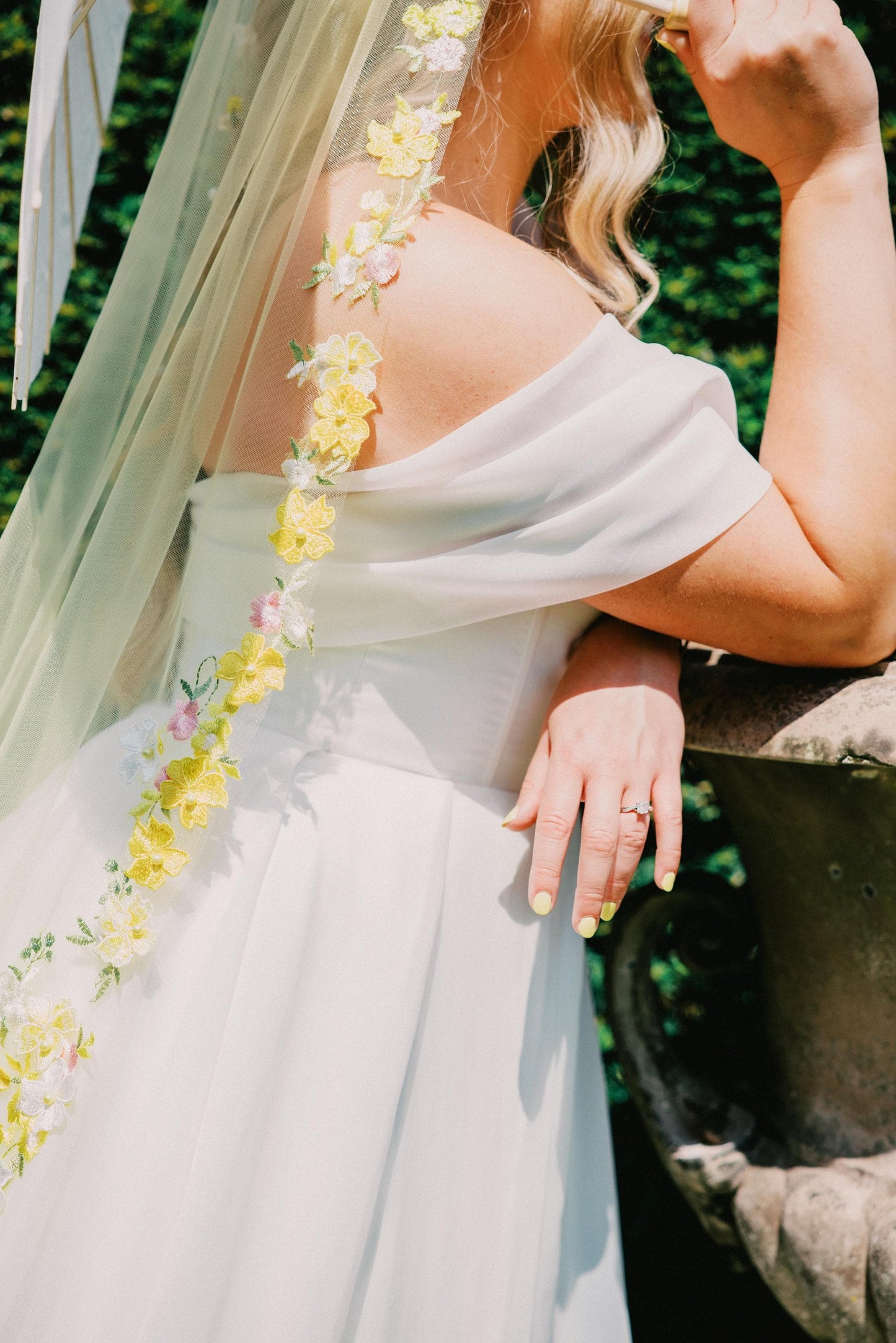 Embroidered Floral Wedding Veil: Yellow Flowers and Pearls