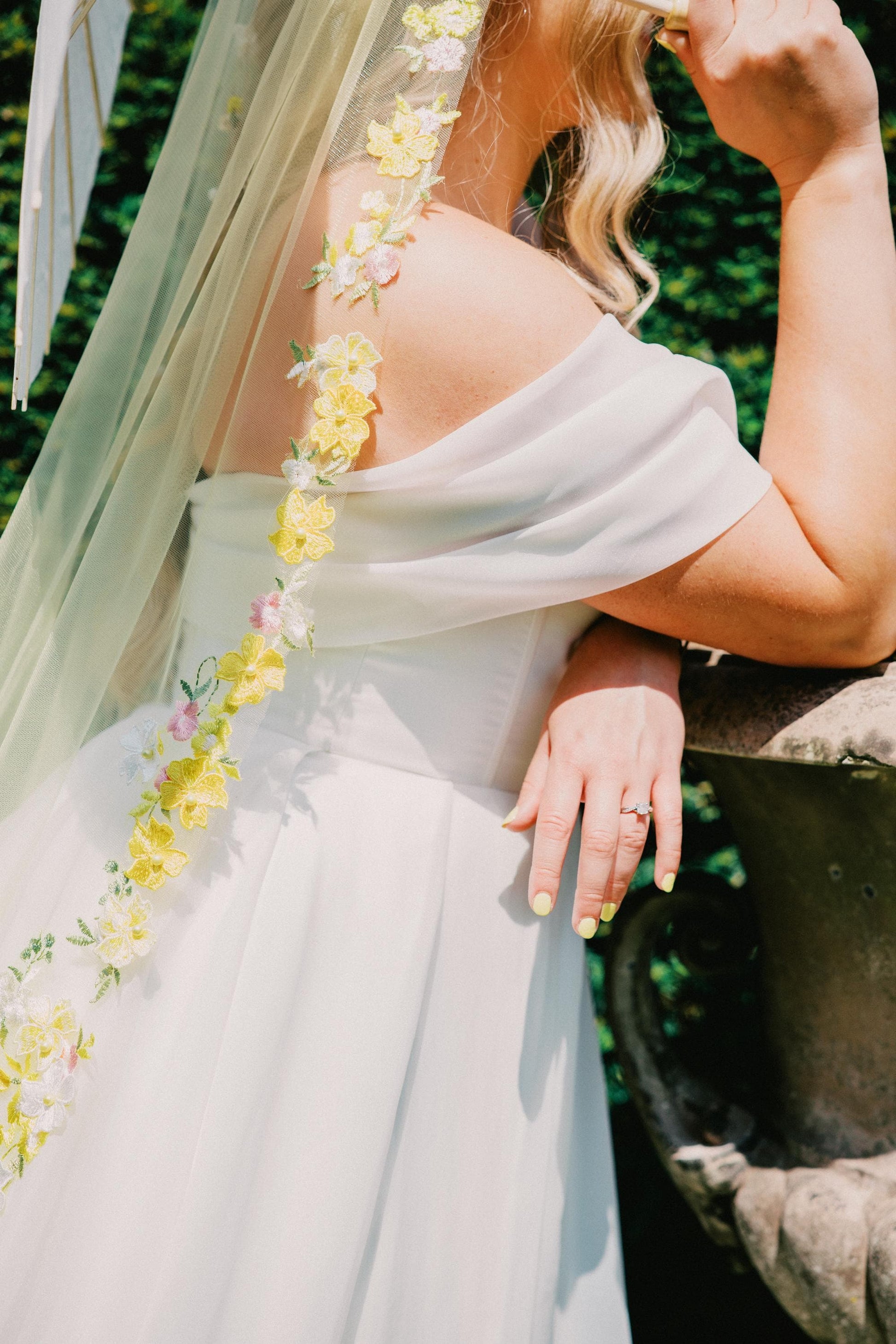 Embroidered Floral Wedding Veil: Yellow Flowers and Pearls