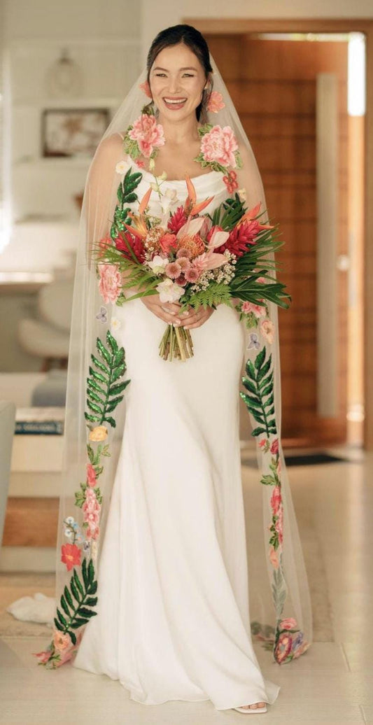 Embroidered Floral Wedding Veil: Colorful Paradise Bridal Veil