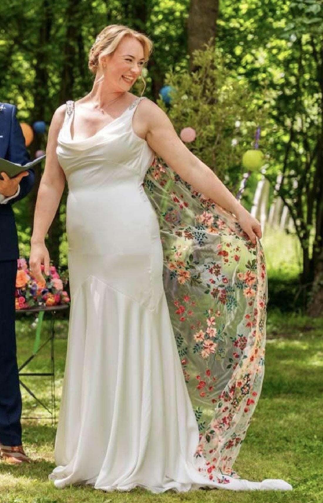 Embroidered Floral Wedding Veil, Peach Tulle 'English Garden' Bridal Cape